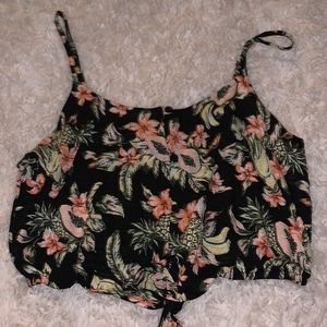 Floral cropped button-up, spaghetti strapped blouse